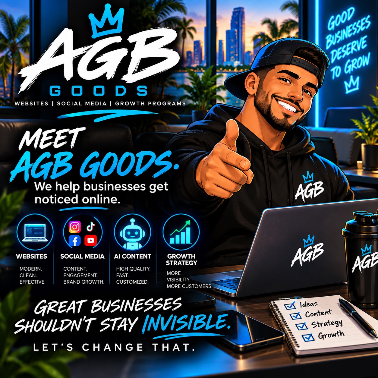 Illustrated AGB Goods founder mascot giving a thumbs up at his laptop